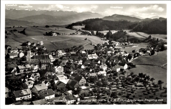 Postcard Scheidegg in Allgäu Swabia, aerial photograph