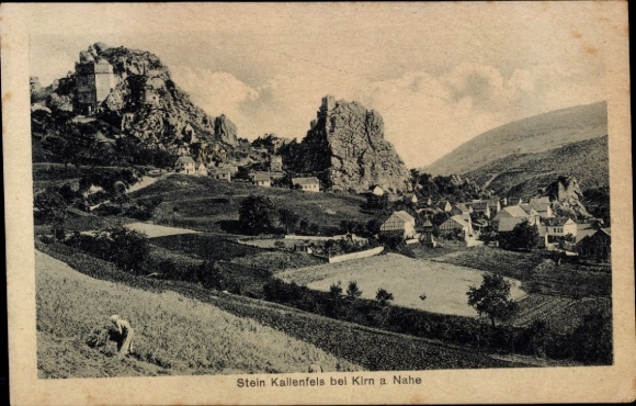 Ak Kirn an der Nahe, Berglandschaft, Felsen, Häuser, Felder, Schriftzug