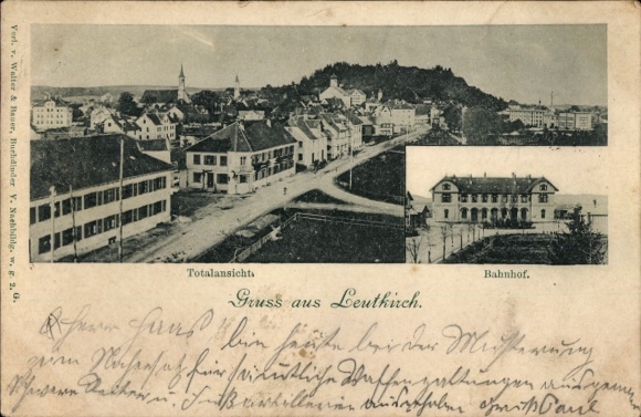 Postcard Leutkirch im Allgäu Württemberg, total, train station