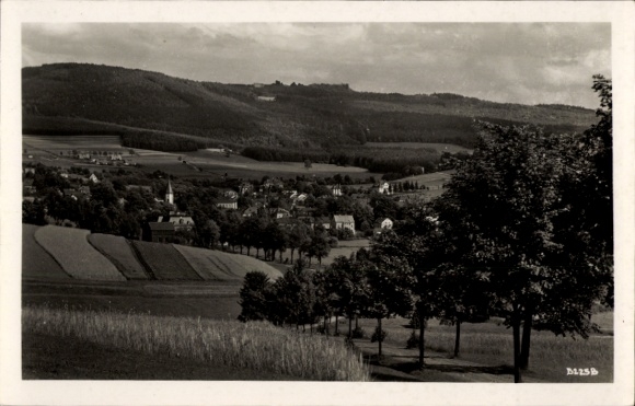Postcard Erlbach in Vogtland, beautiful landscape with village, hilly background, trees in the foreground