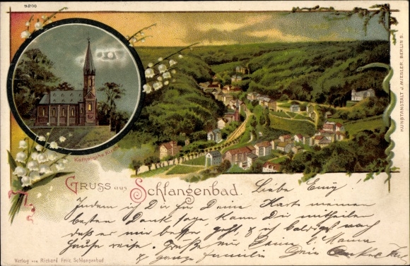 Chromo-Litho Schlangenbad in the Rheingau Taunus district, Catholic church, view of the town and surroundings