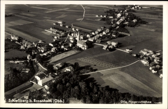 Postcard Rosenheim Upper Bavaria, aerial view of Schloßberg, landscape, buildings, fields