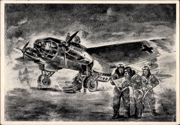 Postcard German Air Force fighter aircraft Heinkel He 111 H, We fly against England, preparation for takeoff