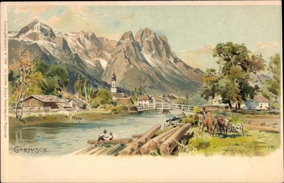 Artist PC Compton, Garmisch Partenkirchen in Upper Bavaria, bridge, church, cows