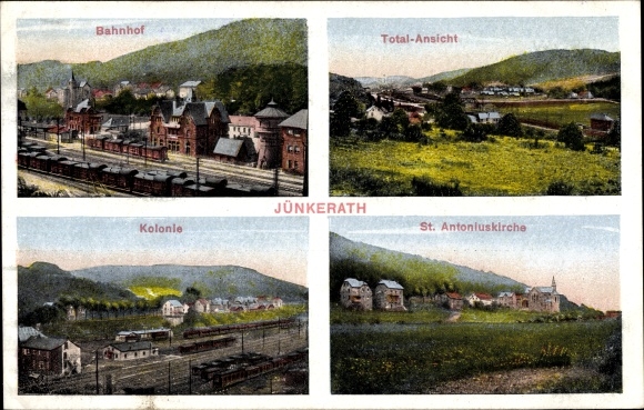 Postcard Jünkerath in the Eifel Rhineland Palatinate, train station, colony, St. Antonius Church