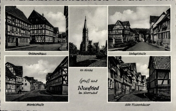 KP Wanfried an der Werra Hesse, Gebhardhaus, Marktstrasse, kościół protestancki, stare domy rybackie