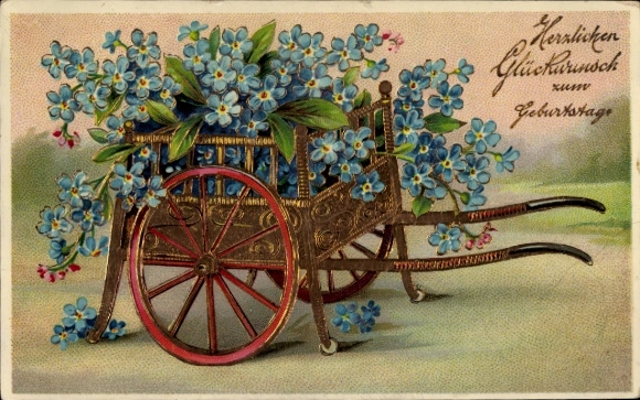Embossed PC Happy Birthday, forget-me-not in a handcart