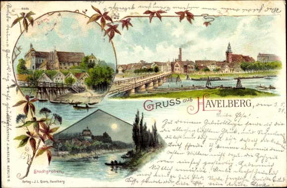 Chromo-Litho Havelberg in Saxony Anhalt, moat, cathedral, partial view