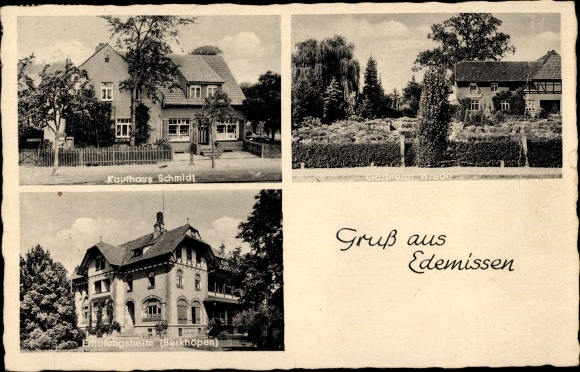 Postcard Edemissen in Lower Saxony, Schmidt department store, Wrede nursery, Berkhöpen rest home