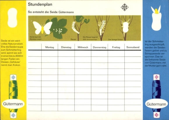 Timetable Gütermann Garne, history of automobiles, how silk is made around 1960