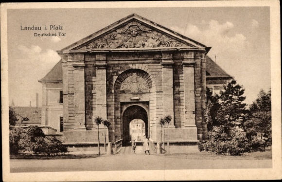 Postcard Landau in der Pfalz, German Gate, long shot, archway, perspective