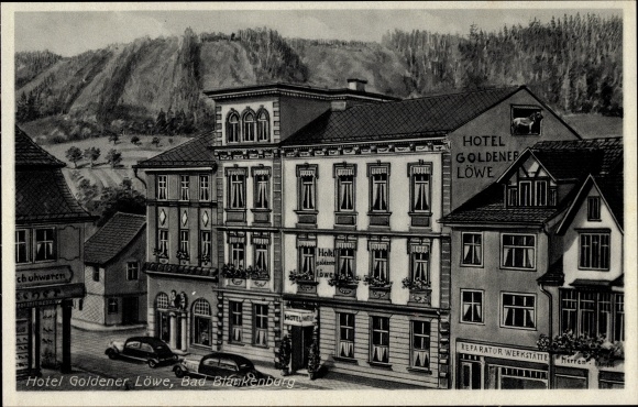 Kunstenaarskaart Bad Blankenburg, Hotel Goldener Löwe, eigenaar Erwin Höland, op de markt