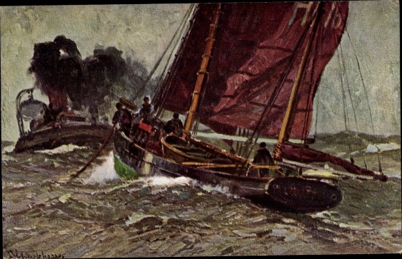 Artist PC Sailing boat at sea, warship