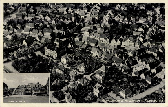 Ak Pfullingen in der Schwäbischen Alb, Fliegeraufnahme, Gasth. z. Krone