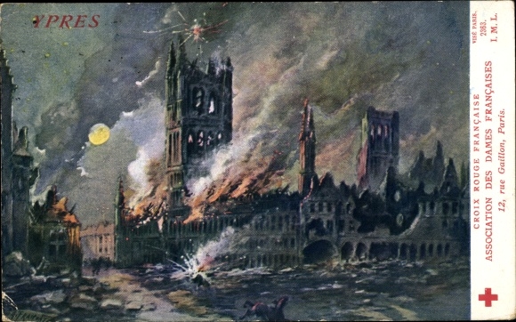 Artist PC Ypres West Flanders, shot town hall, war destruction, I. WW