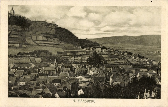 Postcard Marsberg in Sauerland, city view, rural idyll, hills, buildings, cloudy sky