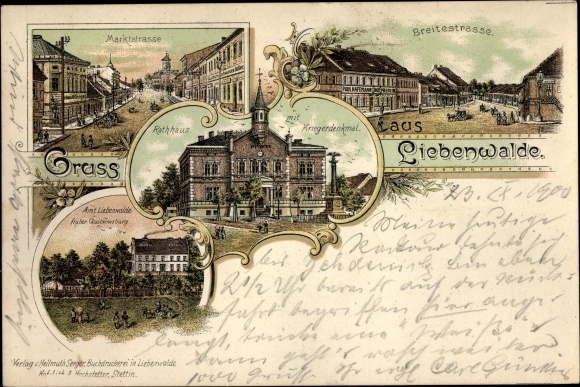 Chromo-Litho Liebenwalde in Brandenburg, Marktstrasse, Breitestrasse, town hall, war memorial