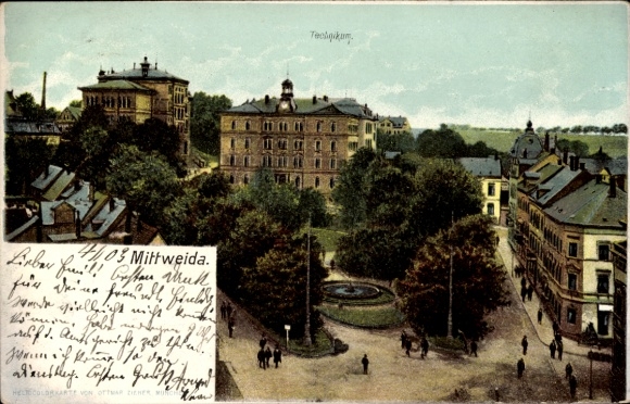 Ak Mittweida in Sachsen, Vogelperspektive auf Stadtplatz, Gebaüde, Brunnen, Architektur