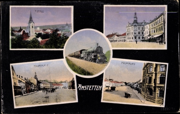 KP Amstetten w Dolnej Austrii, główny plac, widok ogólny, lokomotywa parowa