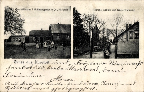 Postcard Havetoft in fishing, church, school, sexton's apartment, commercial building