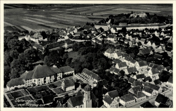 Postcard Wallerstein in Swabia, aerial view of hills, houses, landscape
