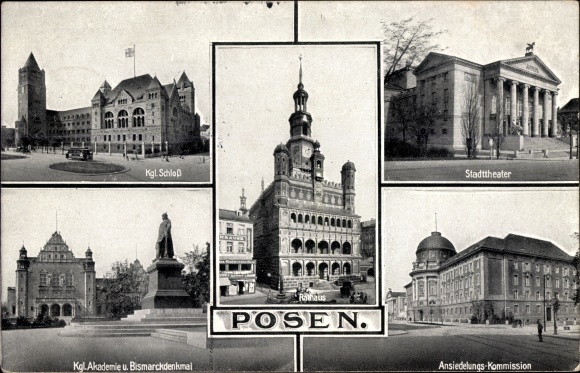 Postcard Poznań Poznań, Royal Castle, City Theater, City Hall, Royal. Academy, Bismarck monument