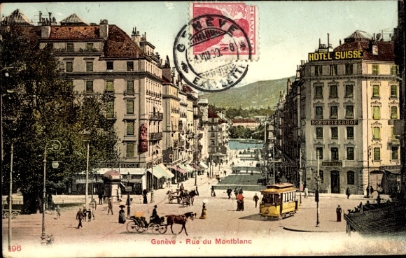 KP Geneva City Szwajcaria, Genève, Rue du Montblanc, Hotel Suisse, tramwaj, ludzie, konie