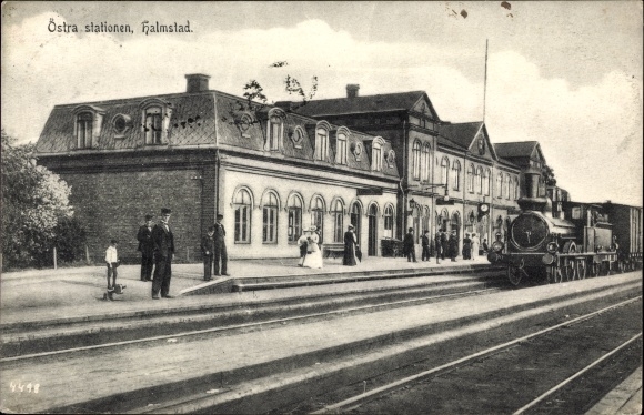 Postcard Halmstad Sweden, Östra stations, railway station track side, railway
