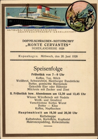 Ak HSDG Dapfer Monte Cervantes, Speisenfolge abends