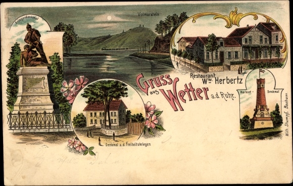 Chromo-Litho weather on the Ruhr, war memorial, Volmarstein, restaurant Ww. Herbertz, Harkort memorial