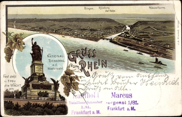 Chromo-Litho Bingen am Rhein, national monument ad Niederwald, near estuary, mouse tower