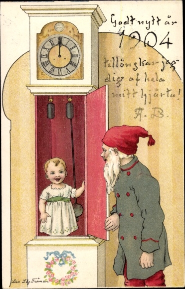 Artist Chromo-Litho Lindberg, Lisa, Happy New Year, child in a grandfather clock, dwarf