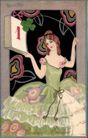 PC Happy New Year, woman in green dress, calendar, lucky clover