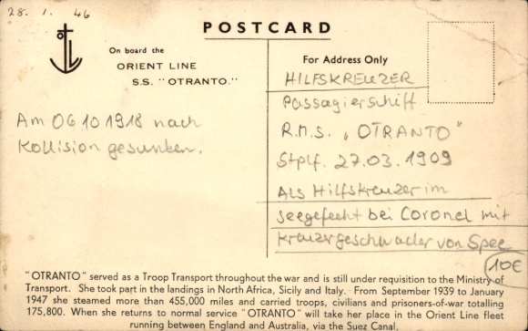 Parowiec KP SS Otranto, Orient Line, statek do transportu żołnierzy I wojna światowa