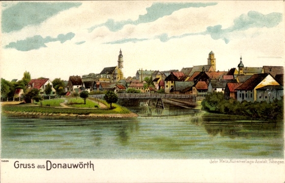 Chromo-Litho Donauwörth in the district of Donau Ries, panorama, church, bridge