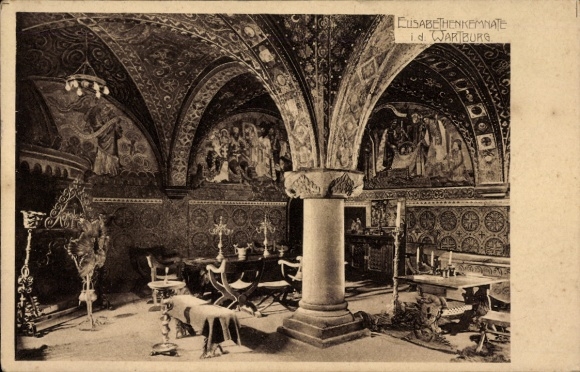 Postcard Lutherstadt Eisenach in Thuringia, Wartburg, Elisabethenkemenate, wall paintings, columns, Tis