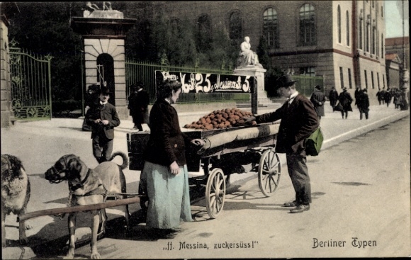 Postcard Berlin, dealer, wagon, working dogs, Messina, sweet as sugar