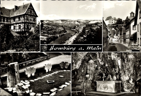 Postcard Homburg am Main Triefenstein Lower Franconia, stalactite cave, panorama, monument