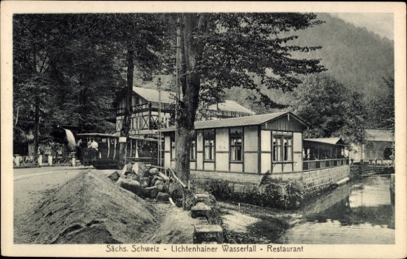 Postcard Lichtenhain Sebnitz Saxon Switzerland, Lichtenhain Waterfall, Restaurant, Saxon Switzerland