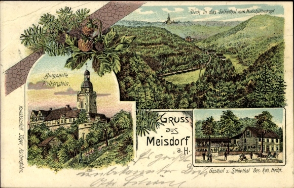 litho Meisdorf Falkenstein in de Harz, kasteelgebied Falkenstein, herberg Selkethal, algemeen beeld