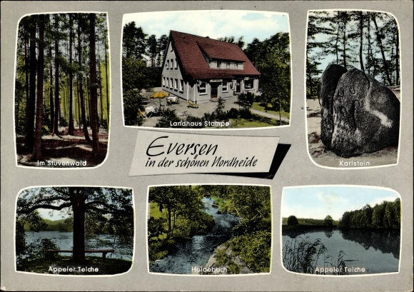 Postcard Eversen Ahausen in Lower Saxony, Landhaus Stampe, Stuvenwald, Appeler Teiche, Heidebach
