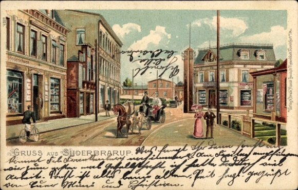 litho Süderbrarup in visserij, straatbeeld, actie Diederichsen, koets, fietsers