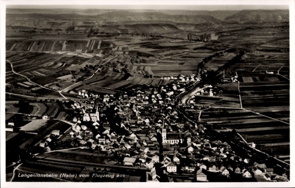 Postcard Langenlonsheim on the Nahe Palatinate, aerial photograph, Langenlonsheim, vineyards, structure of the village