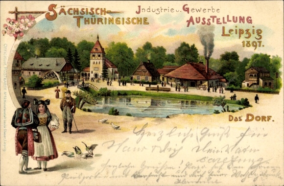 litho Leipzig, Saksische Thüringer Industrie- en Handelstentoonstelling 1897, klederdracht, dorp