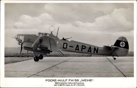 Postcard Focke Wulf Fw 58 Weihe, training aircraft, D APAN, Luftwaffe