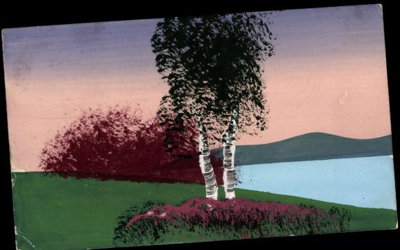 Hand-painted Postcard lake, mountains, birches
