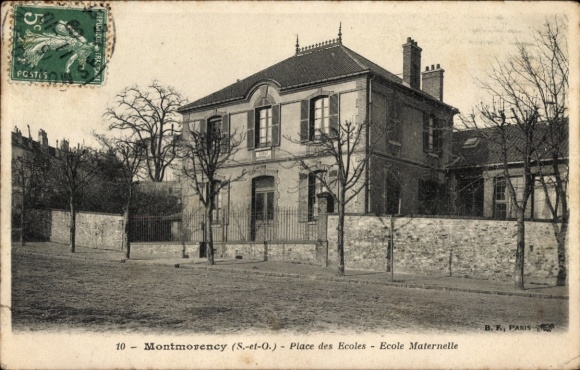 Ak Montmorency Val d’Oise, Historisches Gebäude, Baumreihe, Schule, Platz des Ecoles