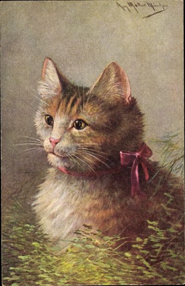 Artist PC Müller, August, brown cat with a bow in the grass