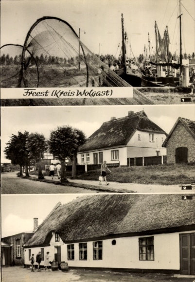 Postcard Seebad Freest Kröslin in Western Pomerania, harbor, ships, restaurant, thatched-roof houses