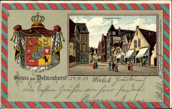 Embossed Coat of Arms Passepartout Chromo-Litho Delmenhorst in Oldenburg, Langestrasse
